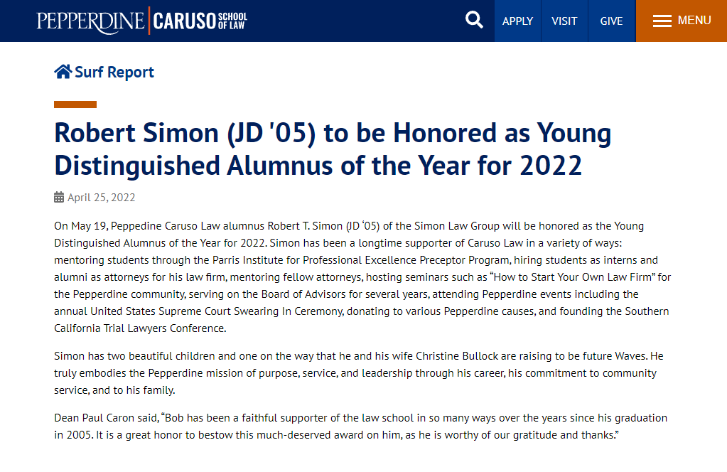 Robert Simon (JD '05) to be Honored as Young Distinguished Alumnus of the Year for 2022