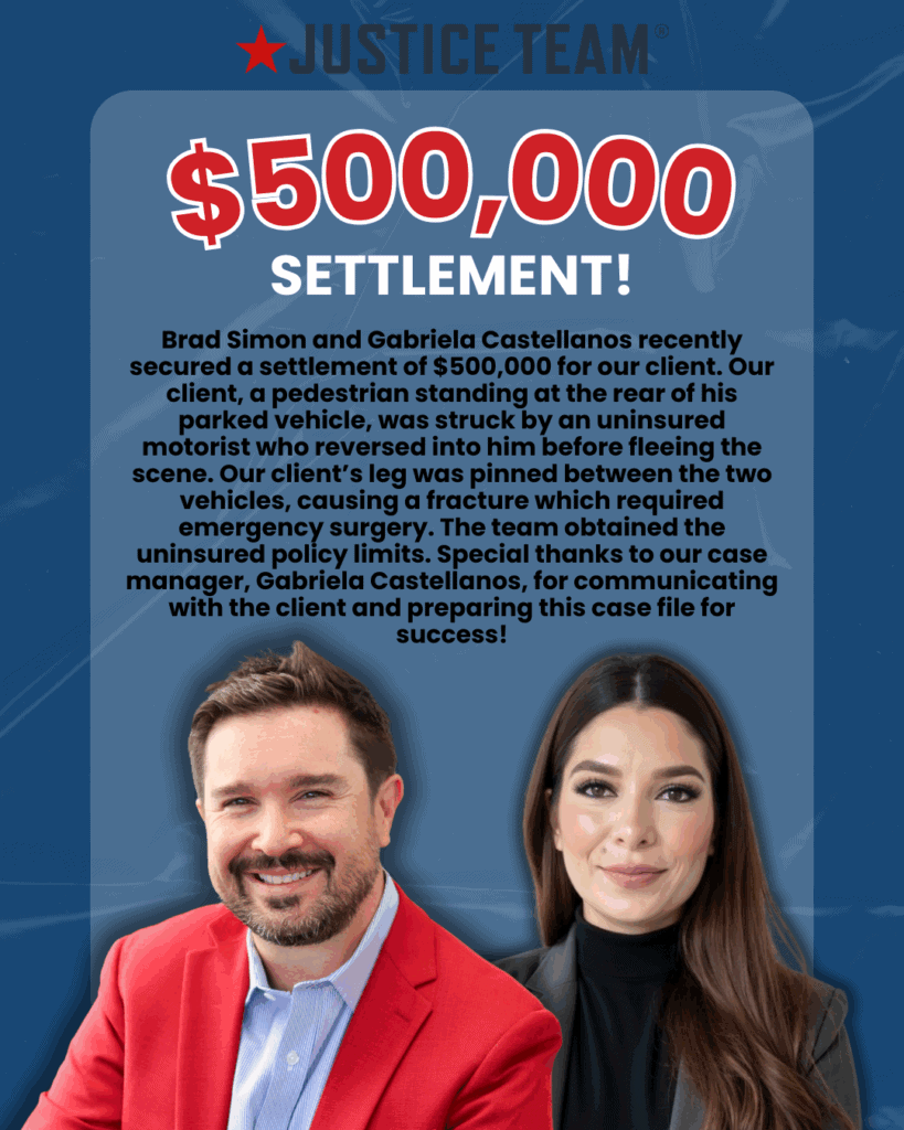 Brad Simon and Gabriela Castellanos secured a $500,000 settlement for a pedestrian client who was struck by an uninsured motorist while standing behind his parked vehicle; the client sustained a leg fracture requiring emergency surgery, and the team obtained the full uninsured policy limits.