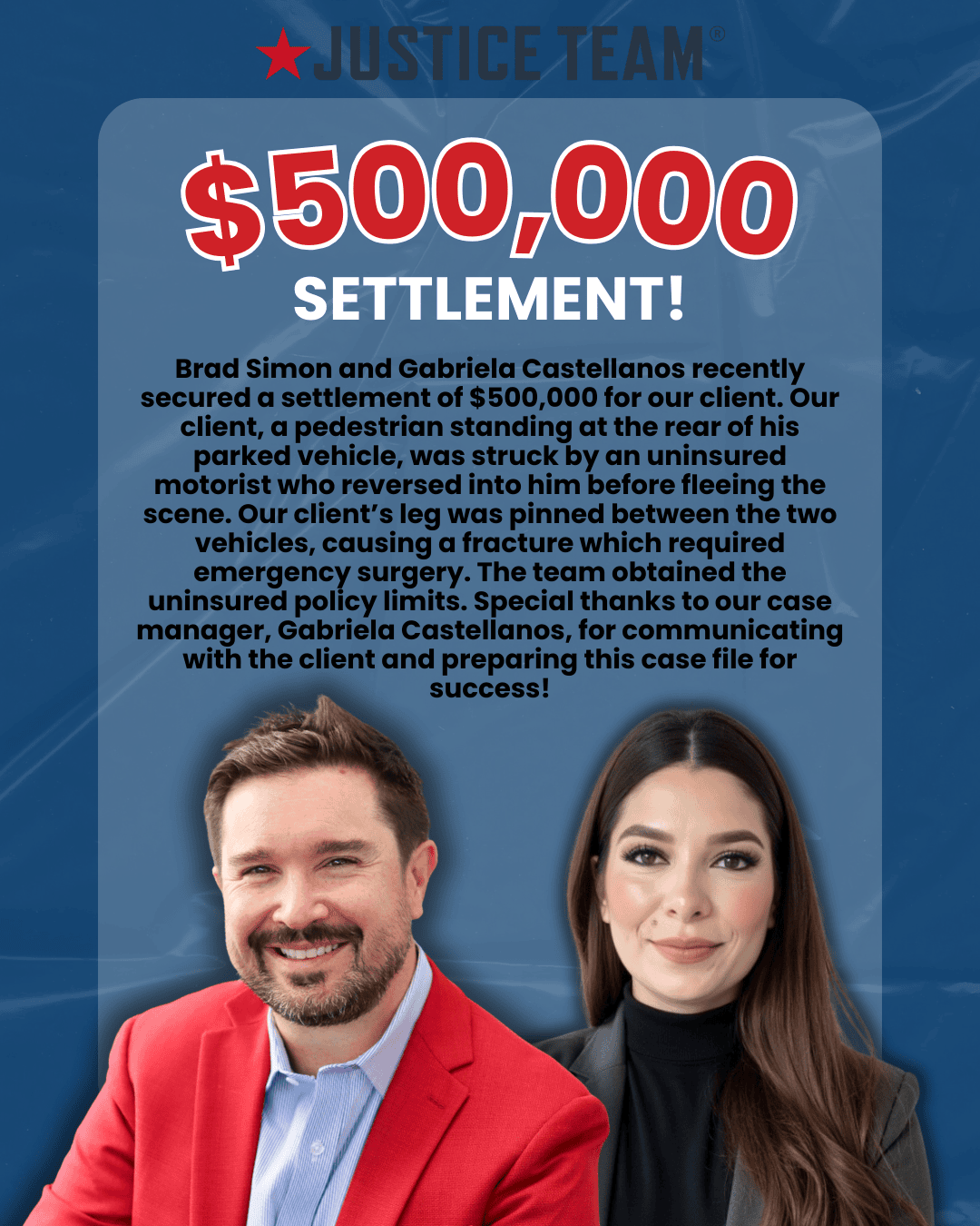 Brad Simon and Gabriela Castellanos secured a $500,000 settlement for a pedestrian client who was struck by an uninsured motorist while standing behind his parked vehicle; the client sustained a leg fracture requiring emergency surgery, and the team obtained the full uninsured policy limits.