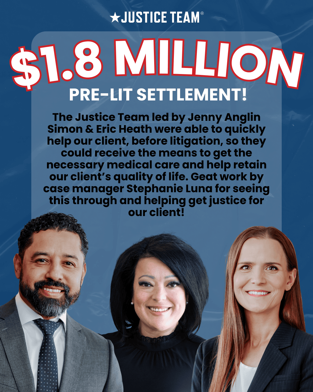 The Justice Team, led by Jenny Anglin Simon and Eric Heath, secured a pre-litigation settlement that helped our client obtain the medical care needed to preserve their quality of life; special thanks to case manager Stephanie Luna for her dedication in helping achieve justice.