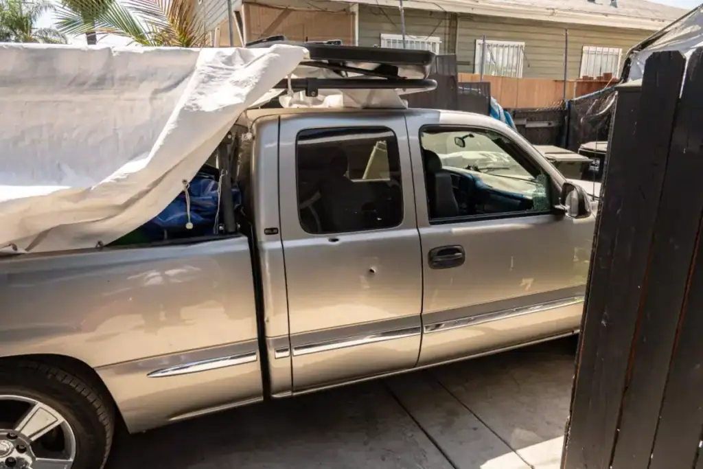 Francisco Longoria’s truck is pictured after immigration agents fired on his truck as he was driving on the morning of Aug. 16 with two passengers. (Carlos Del Hoyo)