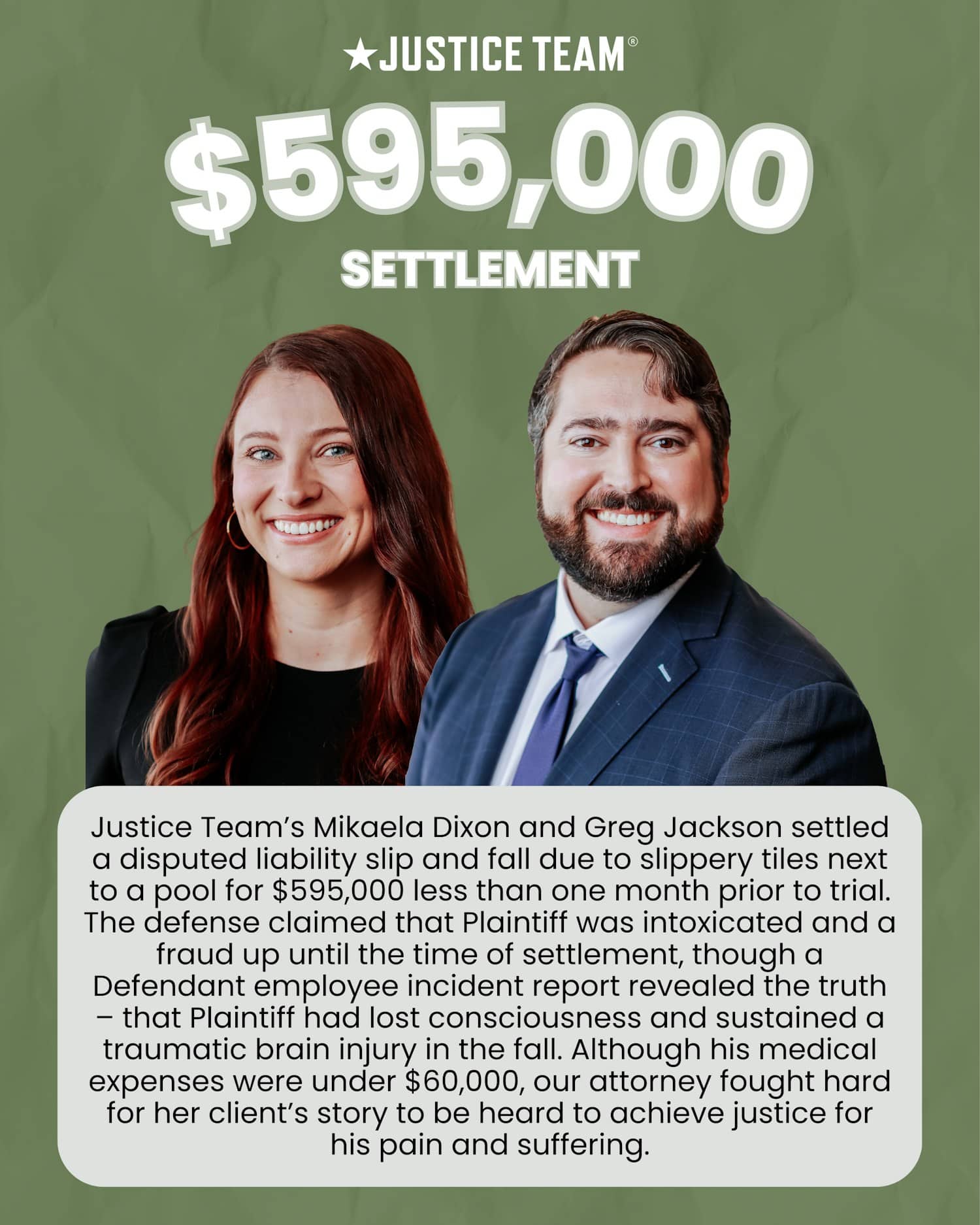 Justice Team attorneys Mikaela Dixon and Greg Jackson smiling professionally against a green background, with text announcing a $595,000 slip and fall settlement