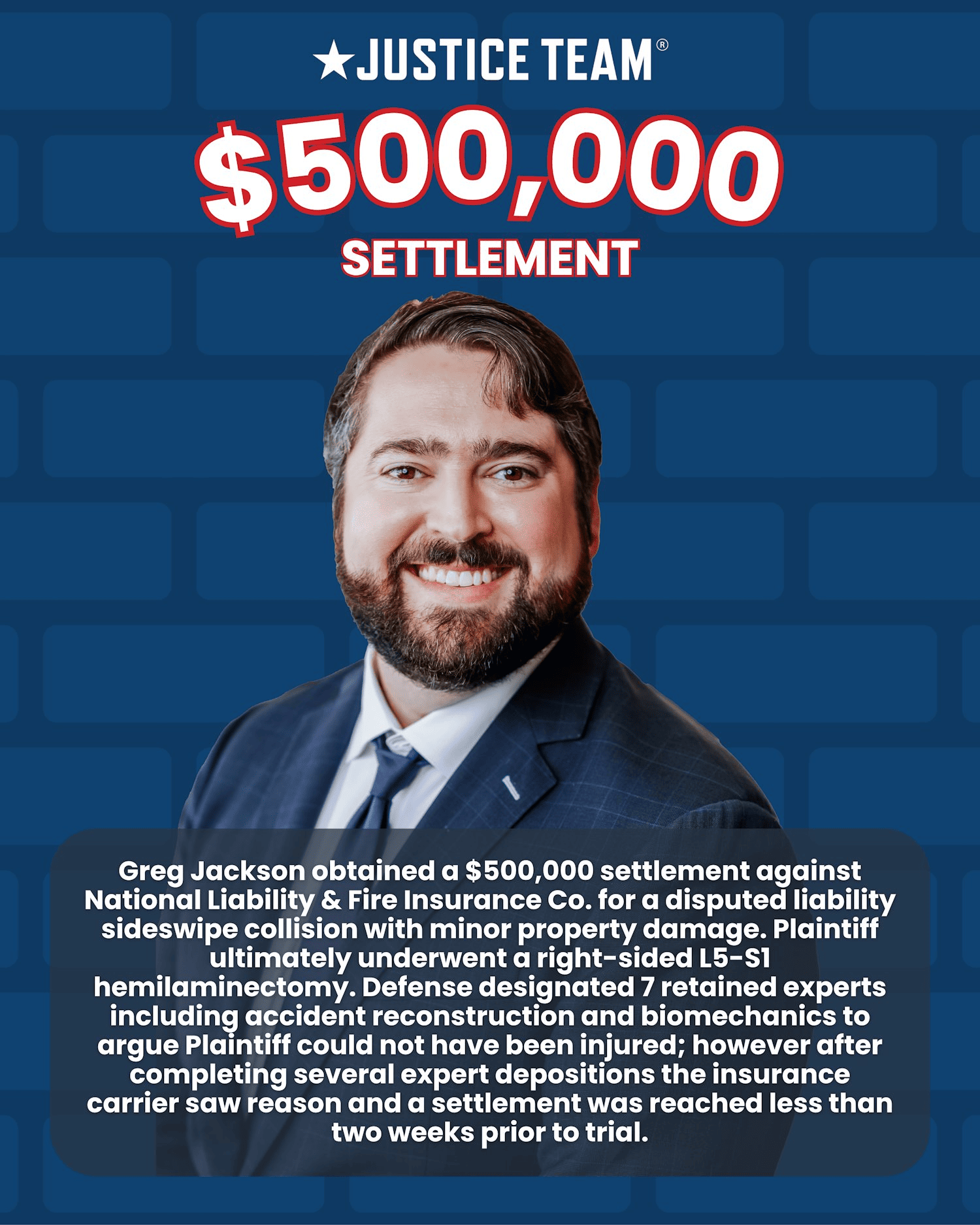 Justice Team $500,000 car accident settlement - attorney Greg Jackson secured victory in disputed sideswipe collision case
