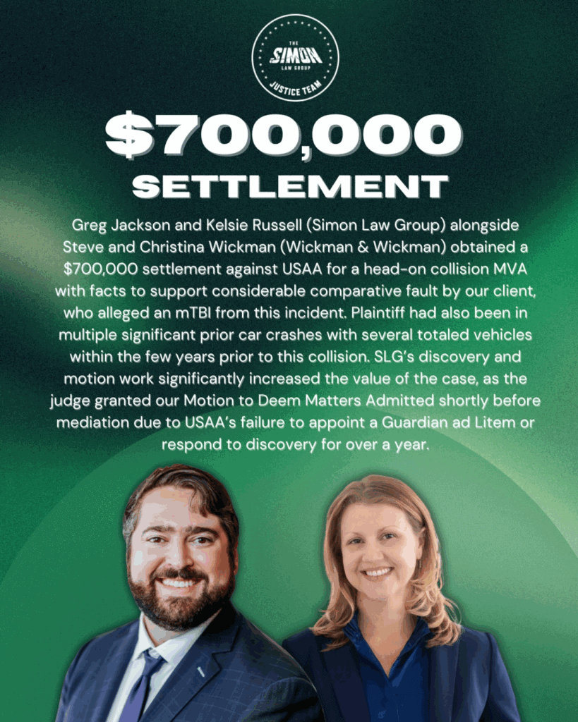 Simon Law Group $700,000 head-on collision settlement - attorneys Greg Jackson and Kelsie Russell secured TBI case victory