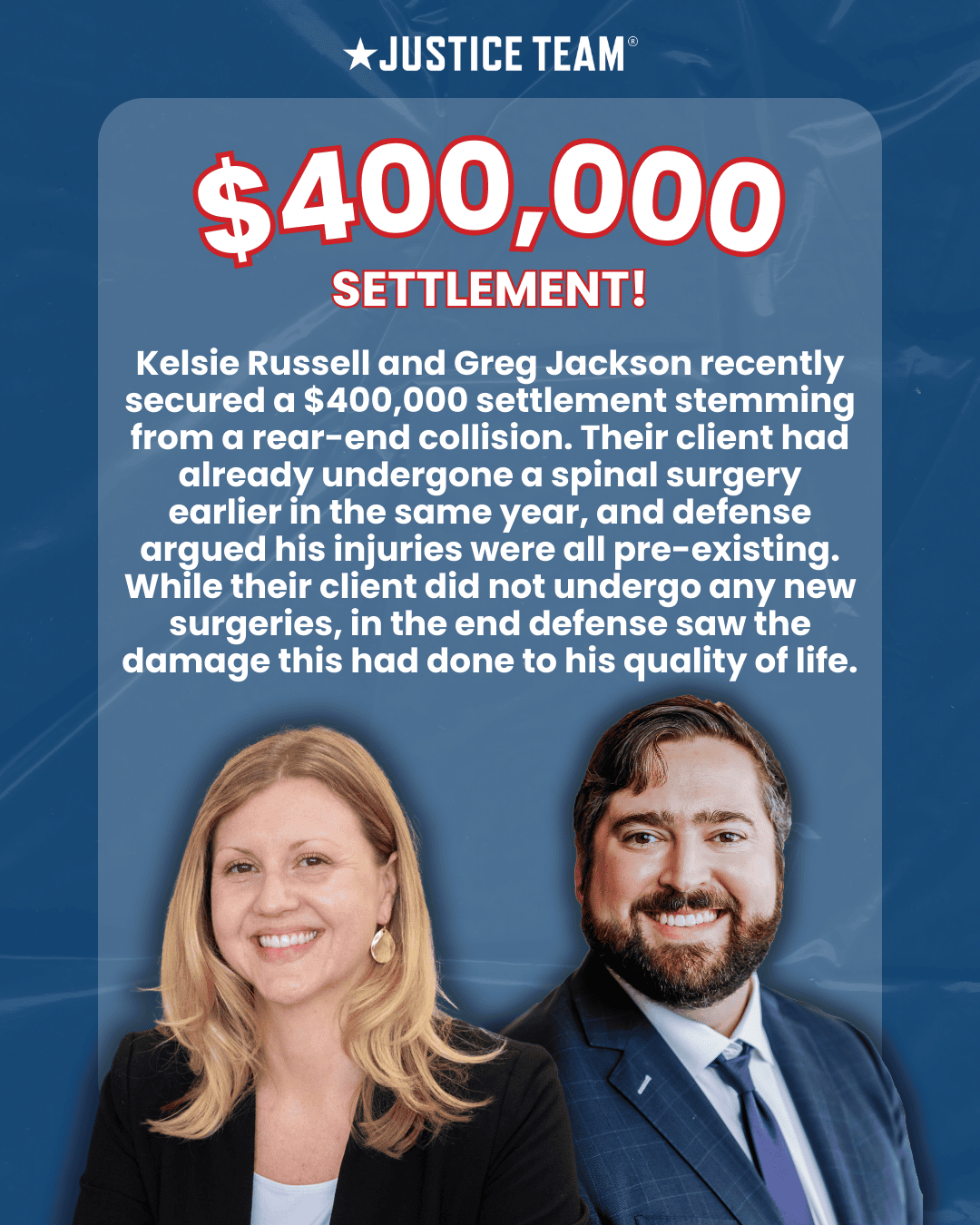 Justice Team graphic announcing a $400,000 settlement with photos of attorneys Kelsie Russell and Greg Jackson; text notes the case stemmed from a rear-end collision and discusses pre-existing injury arguments and quality-of-life impact.