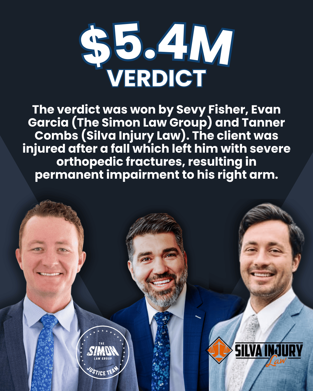 Justice Team graphic showing a $5.4M verdict won by Sevy Fisher, Evan Garcia (The Simon Law Group) and Tanner Combs (Silva Injury Law) for a client injured in a fall with severe orthopedic fractures and permanent arm impairment; includes The Simon Law Group Justice Team logo and Silva Injury Law logo with photos of three attorneys.