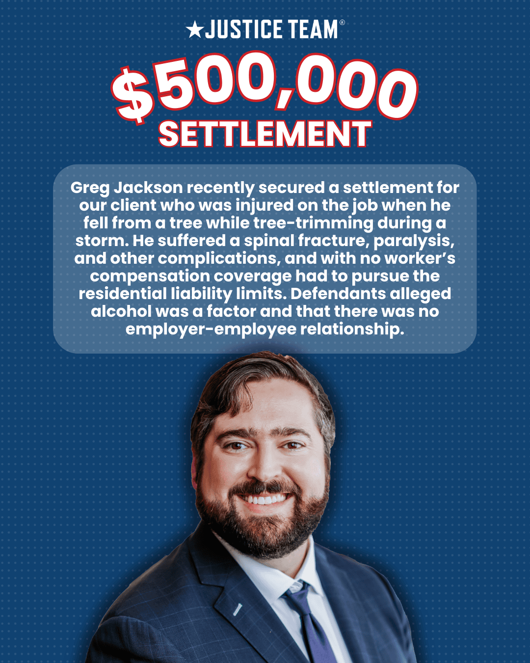 Justice Team graphic announcing a $500,000 settlement secured by attorney Greg Jackson for a client injured in a tree-trimming fall who suffered spinal fracture and paralysis; features Greg Jackson's headshot and Justice Team branding.