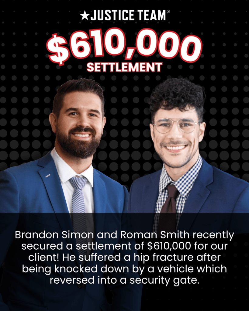 Justice Team graphic announcing a $610,000 settlement for a pedestrian hip fracture