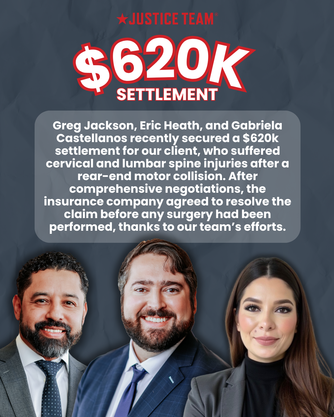 $620,000 car accident settlement from Justice Team, attorneys Greg Jackson, Eric Heath, and Gabriela Castellanos