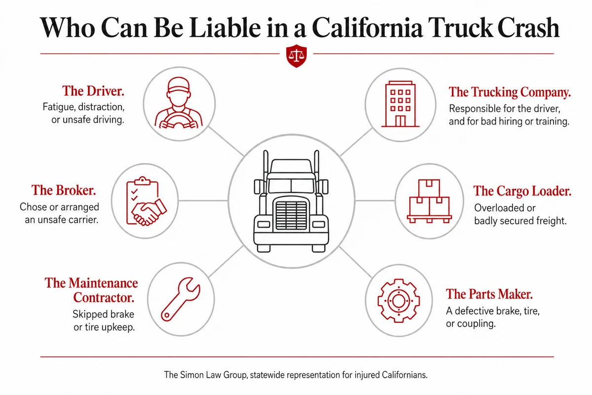 Six parties who can be liable in a California truck accident: the driver, the trucking company, the broker, the cargo loader, the maintenance contractor, and the parts manufacturer