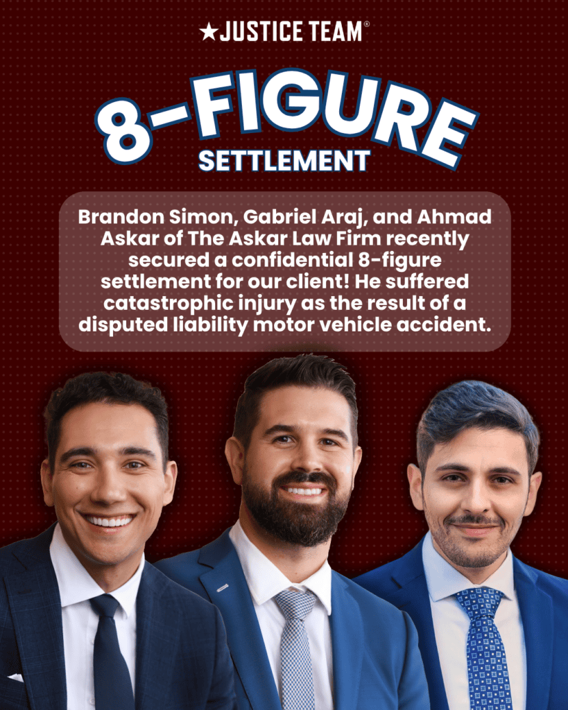 Simon Law Group confidential 8-figure catastrophic-injury car accident settlement - attorneys Brandon Simon, Gabriel Araj, Ahmad Askar