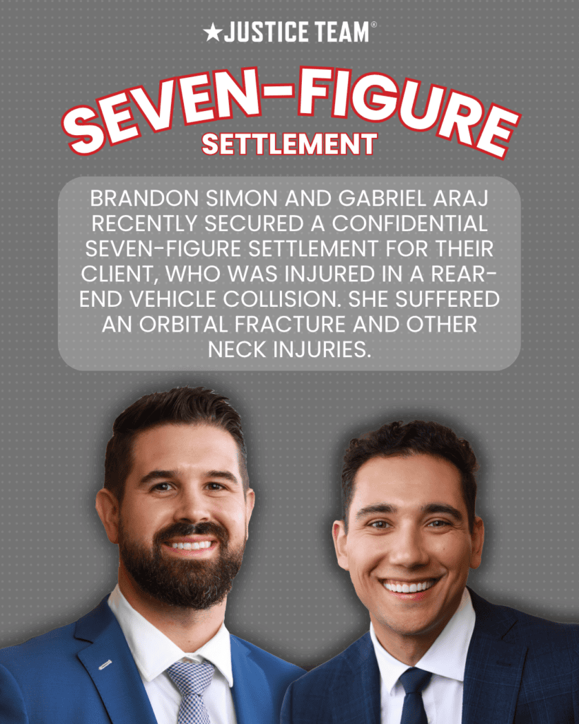 Justice Team seven-figure rear-end car accident settlement with orbital fracture, attorneys Brandon Simon and Gabriel Araj