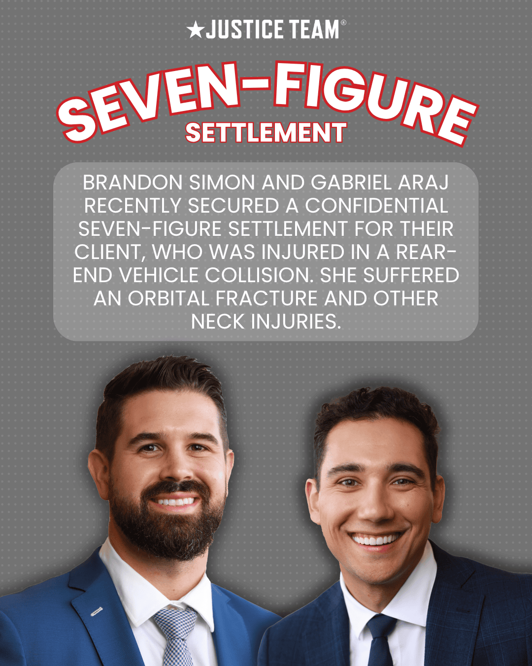 Justice Team seven-figure rear-end car accident settlement with orbital fracture, attorneys Brandon Simon and Gabriel Araj