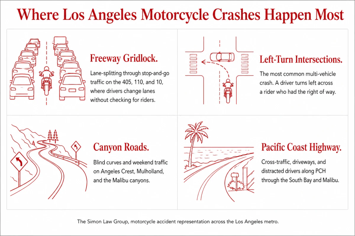 Four high-risk places to ride a motorcycle in Los Angeles: freeway gridlock, left-turn intersections, canyon roads, and Pacific Coast Highway