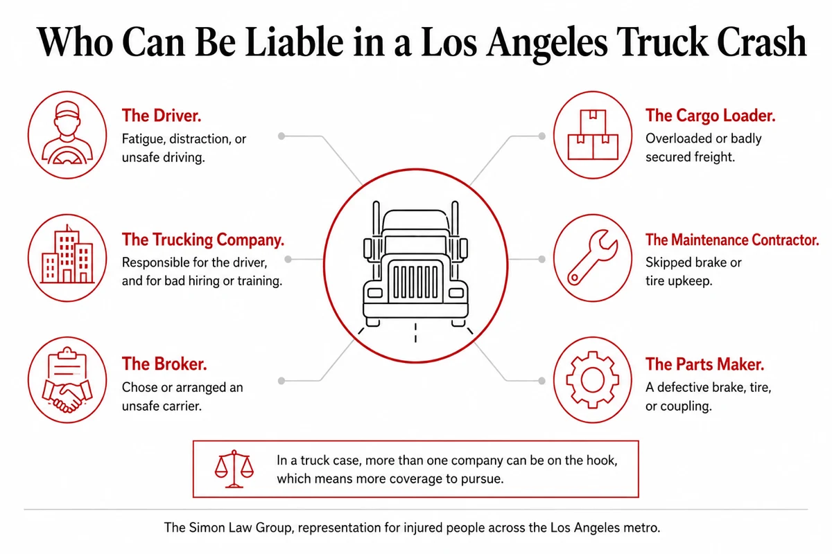Six parties who can be liable in a Los Angeles truck accident: the driver, the trucking company, the broker, the cargo loader, the maintenance contractor, and the parts manufacturer