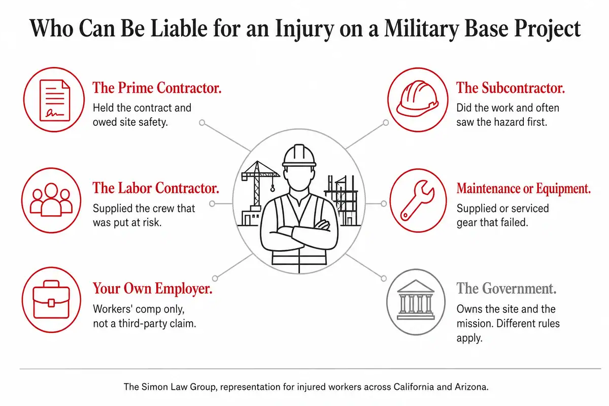 Who can be liable for an injury on a military base project: the prime contractor, subcontractors, the labor contractor, the maintenance or equipment contractor, your own employer, and the government