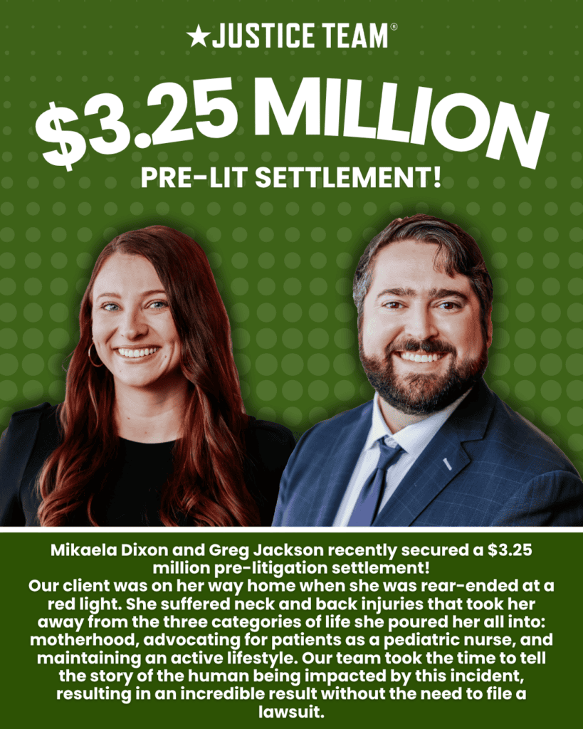 Justice Team graphic announcing a $3.25 million pre-litigation settlement for a rear-end crash victim