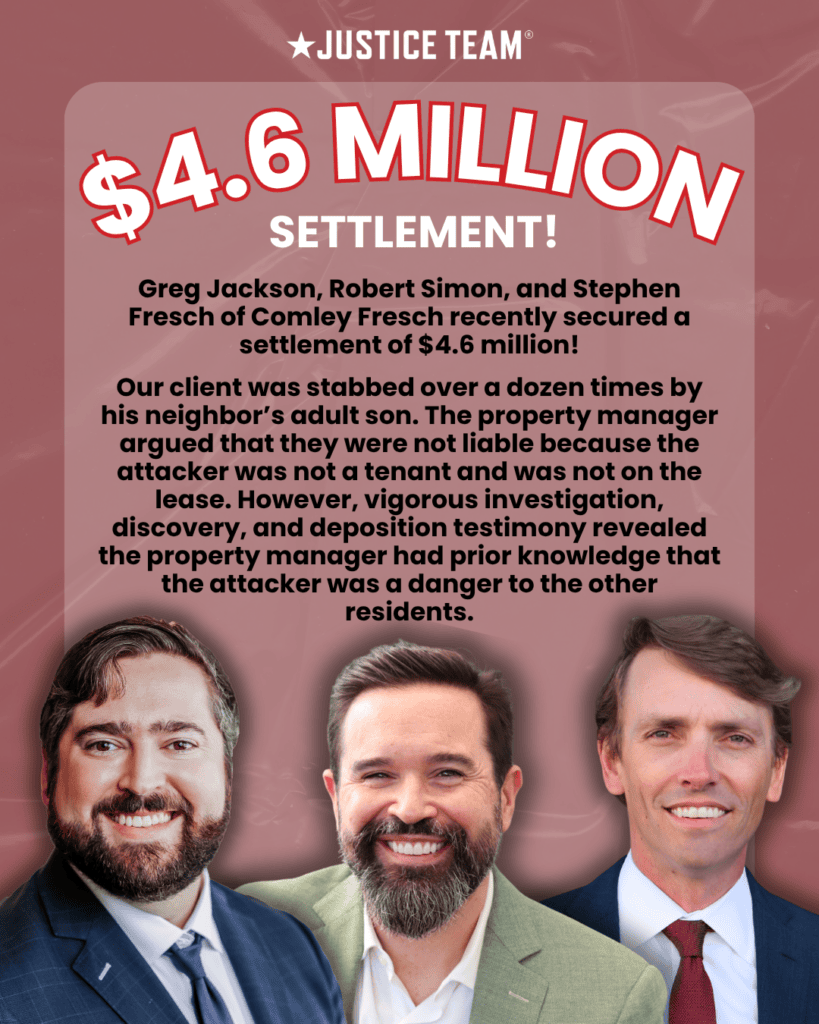 Justice Team graphic announcing a $4.6 million negligent security settlement for a stabbing victim