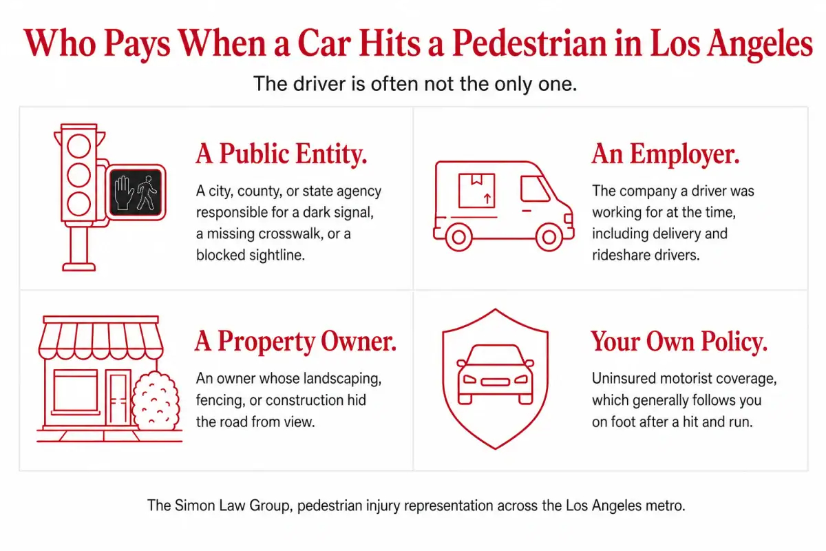 Four parties beyond the driver who may be liable in a Los Angeles pedestrian accident: a public entity, an employer, a property owner, and an uninsured motorist policy