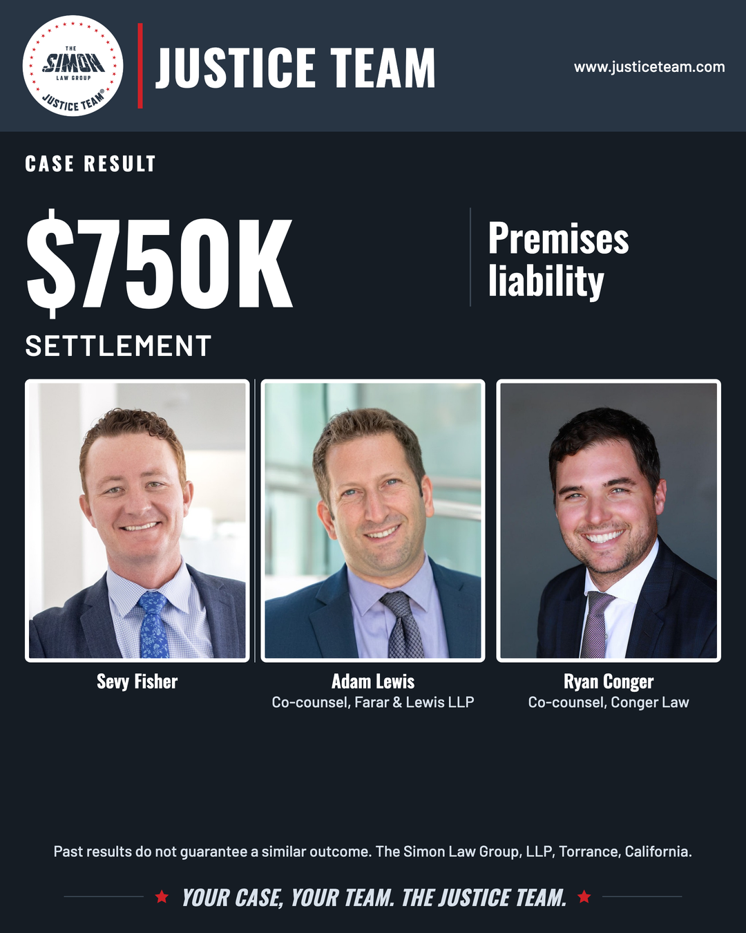 Sevy Fisher, Adam Lewis and Ryan Conger in a Justice Team graphic announcing a $750,000 premises liability settlement
